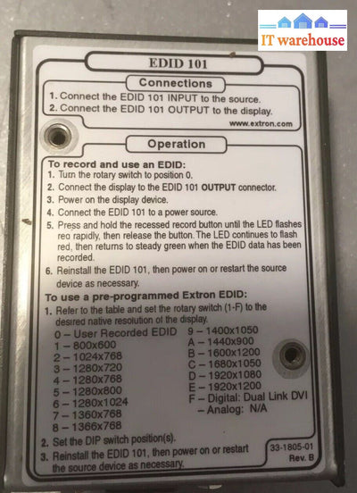 + Extron Edid 101V Vga Input Source Emulator 33-1805-01