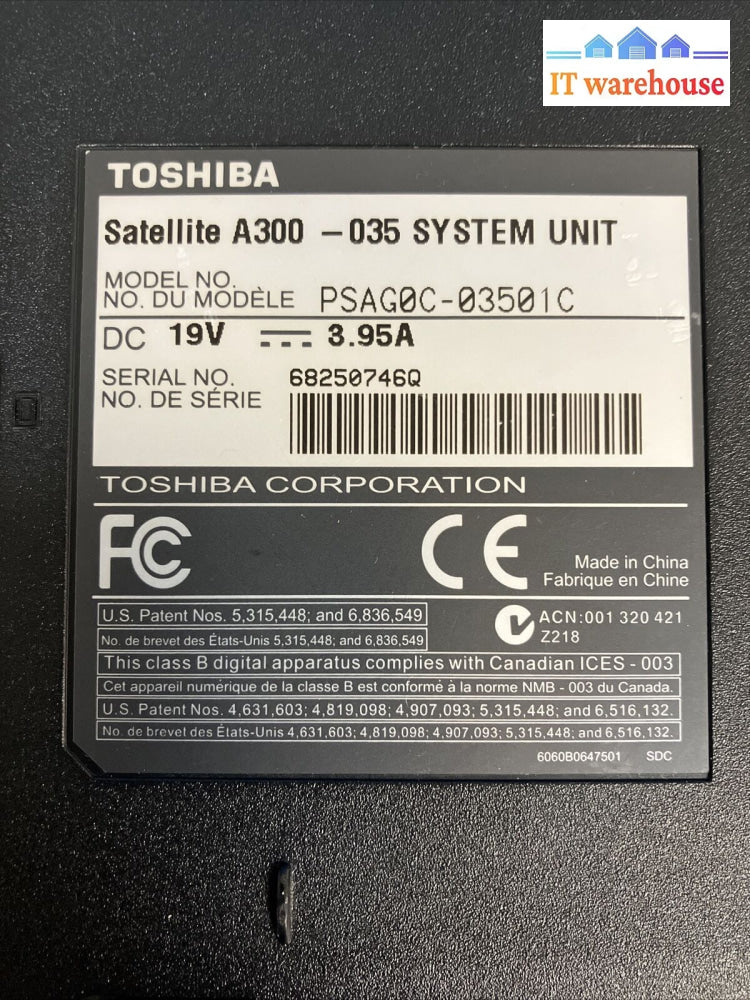 ~ (For Parts As Is) Toshiba Satellite A300 15.6’ Laptop C2D Cpu 2Gb Ram (Read)