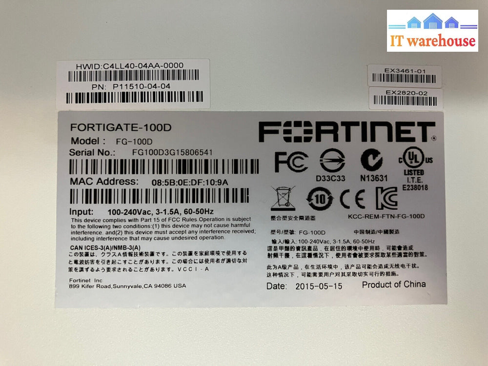 ~ Fortinet Fortigate-100D P11510-04-04 Fg-100D Firewall Security Appliance