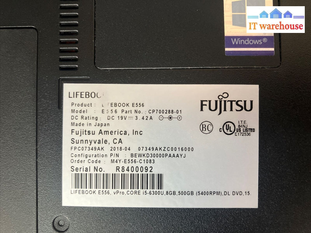 Fujitsu Lifebook E556 15.6’ Laptop I5-6300U Cpu / 16Gb Ram 500Gb Ssd Win10 ~