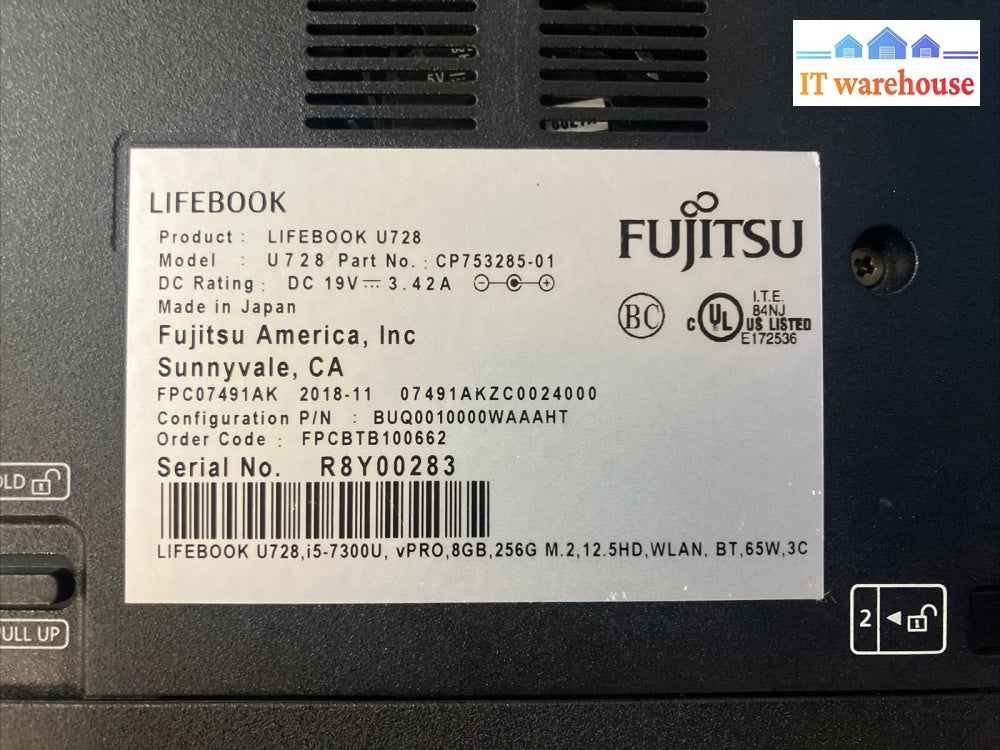 Fujitsu Lifebook U728 12.5’ Laptop I5-7300U Cpu / 8Gb Ram 256Gb Ssd Win 10 ~