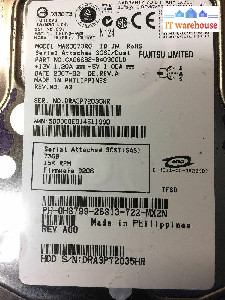 + Fujitsu Max3073Rc H8799 3.5’ 15K Rpm 73Gb Sas Hdd Hard Drive Rev A00 @@@