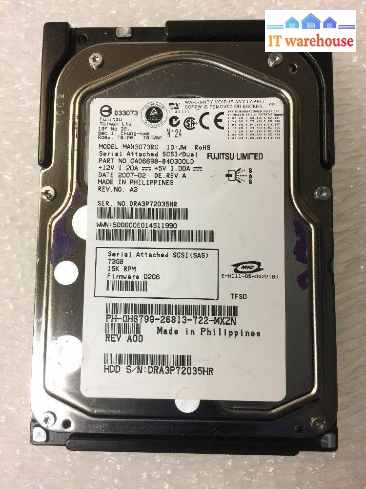 + Fujitsu Max3073Rc H8799 3.5’ 15K Rpm 73Gb Sas Hdd Hard Drive Rev A00 @@@