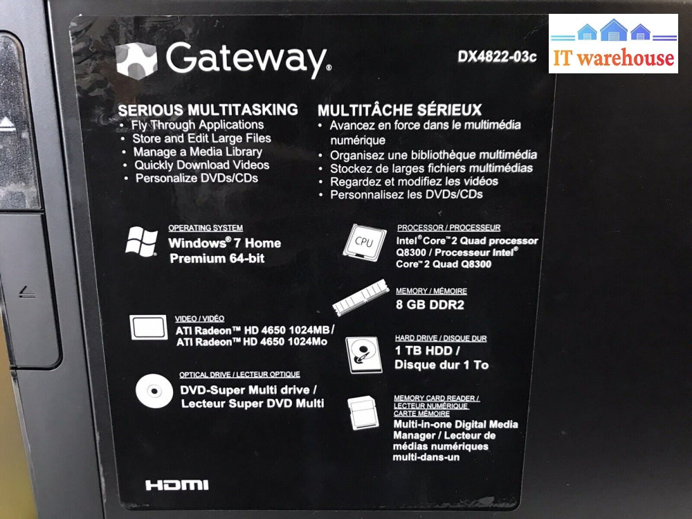 ~ Gateway Desktop Dz4822-03Z Core 2 Q8300 2.5Ghz 8Gb 1Tb-Hdd Gtx560 Win10H