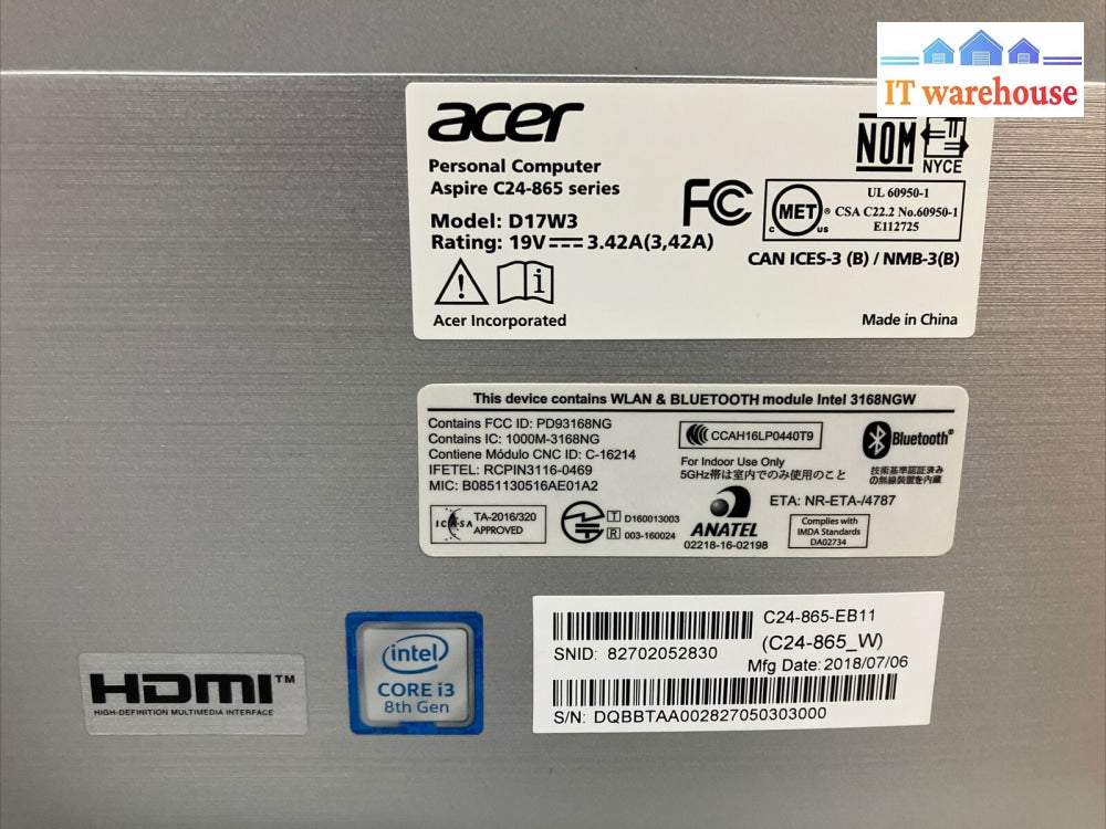 ~ (Grade A) Acer Aspire C24 D17W3 24’ Aio Desktop I3-8130U Cpu 8Gb Ram 512Gb Ssd