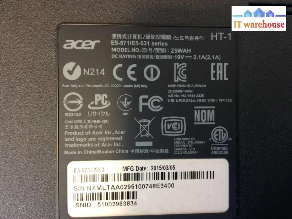 (Grade A) Acer Aspire E5-571 15.6’Laptop I3-5005U 2.0Ghz 8Gb Ram 1Tb Hdd Win 10