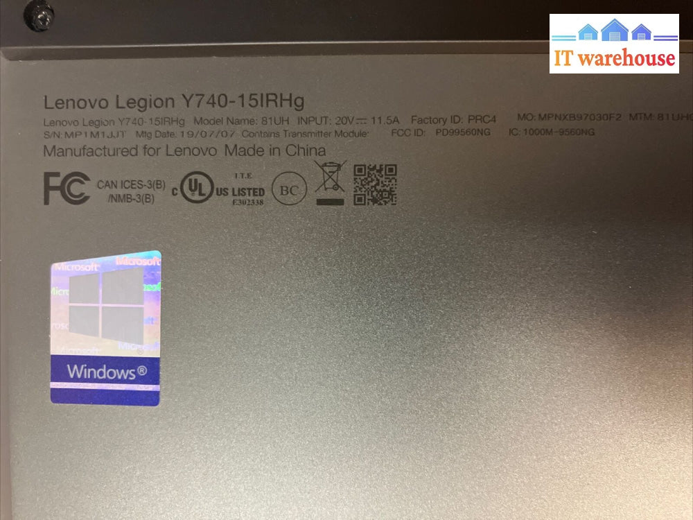 (Grade A) Legion Y740 15.6’ Laptop I7-9750H/16Gb/ 1Tb Ssd/Rtx 2070 Max-Q (Win11)