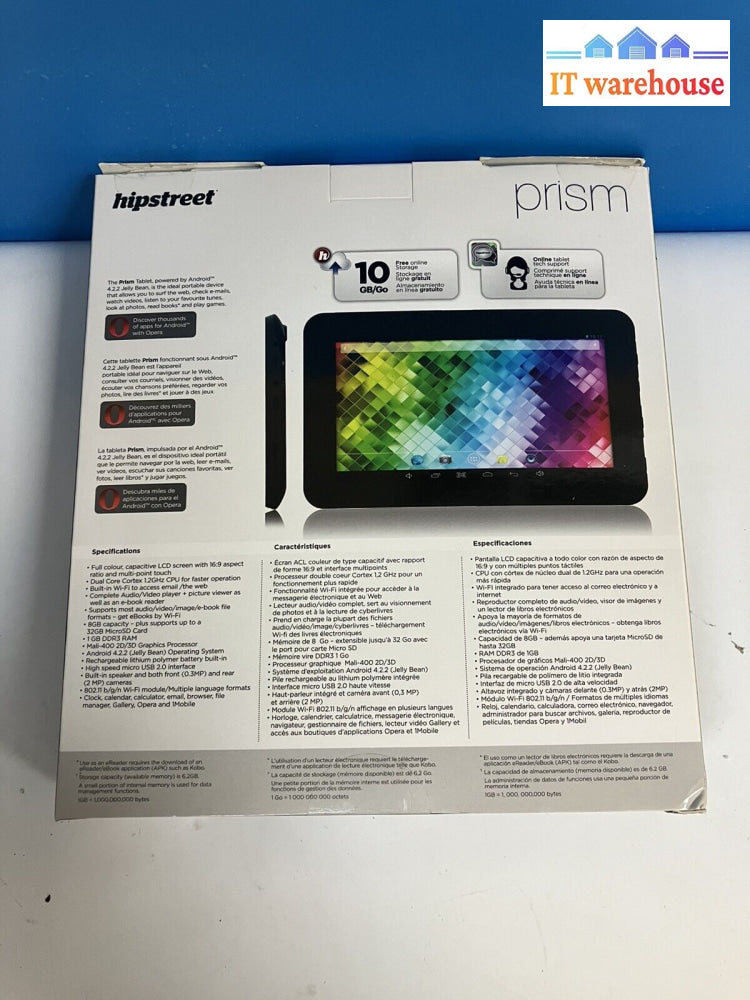 ~ Hipstreet Prism Tablet 7’ 16:9 Touch Screen 1Gb Ram 8Gb 1.2Ghz Cpu Android4