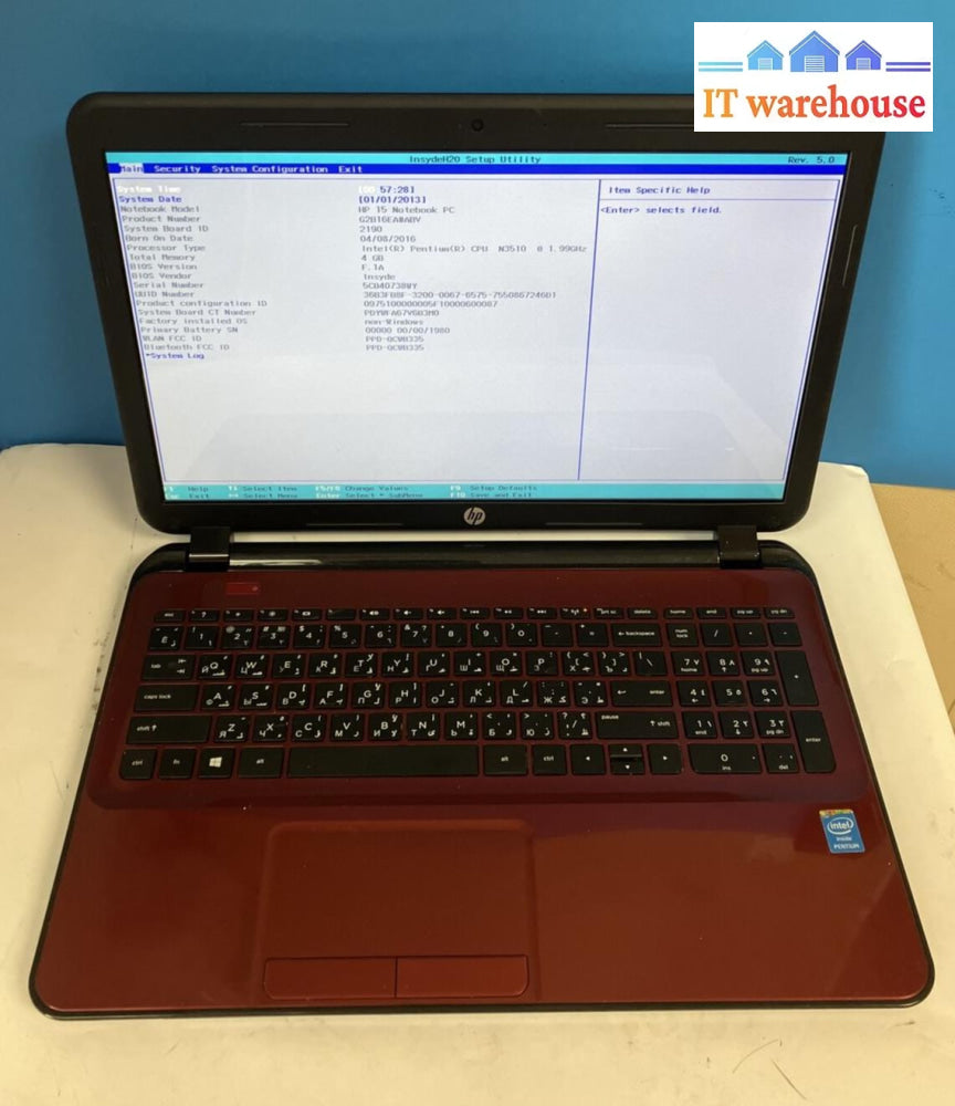 Hp 15 15.6’ Laptop Intel Pentium N3510 Cpu / 4Gb Ram (Bad Internal Hdd Read) ~