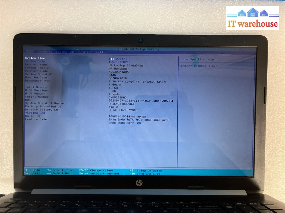 Hp 15-Da0Xxx 15.6’ Laptop Intel I5-8250U Cpu / 4Gb Ram No Hdd (As Is Read) ~