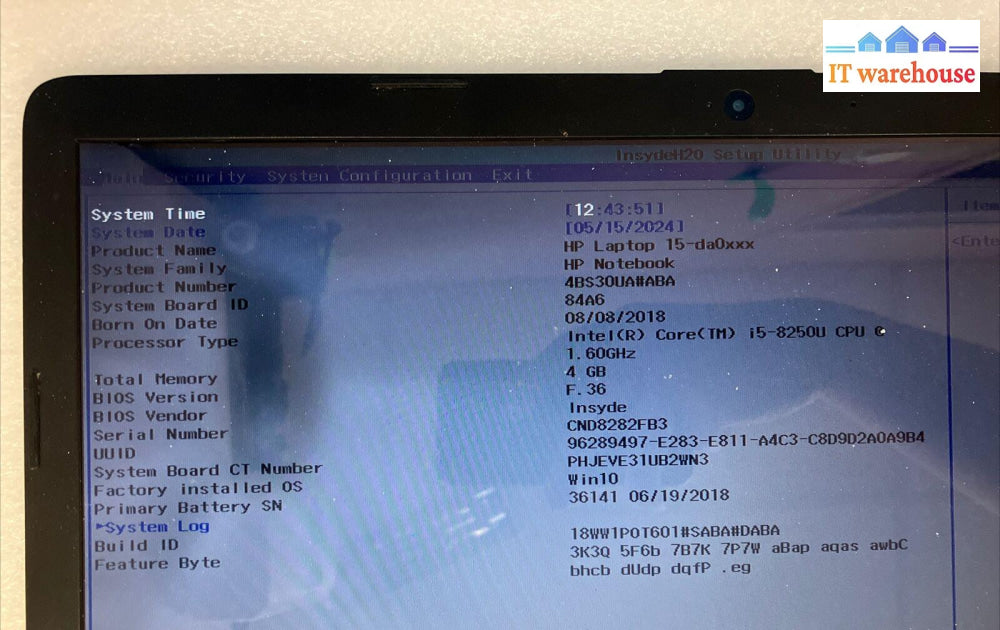 Hp 15-Da0Xxx 15.6’ Laptop Intel I5-8250U Cpu / 4Gb Ram No Hdd (As Is Read) ~