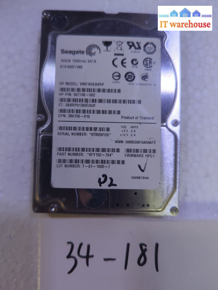 - Hp 507749-002 160Gb 7.2K 32Mb Sata Ii 2.5’’ Vm0160Easr Hard Drive