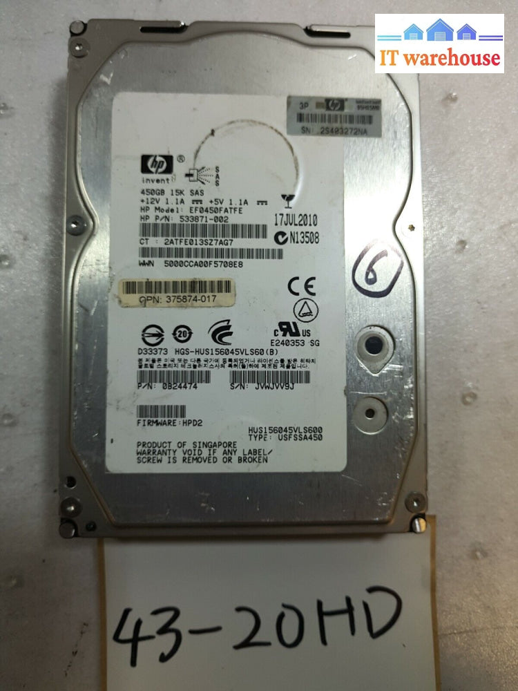 - Hp 533871-002 0B24474 450Gb 15K Sas Hard Drive