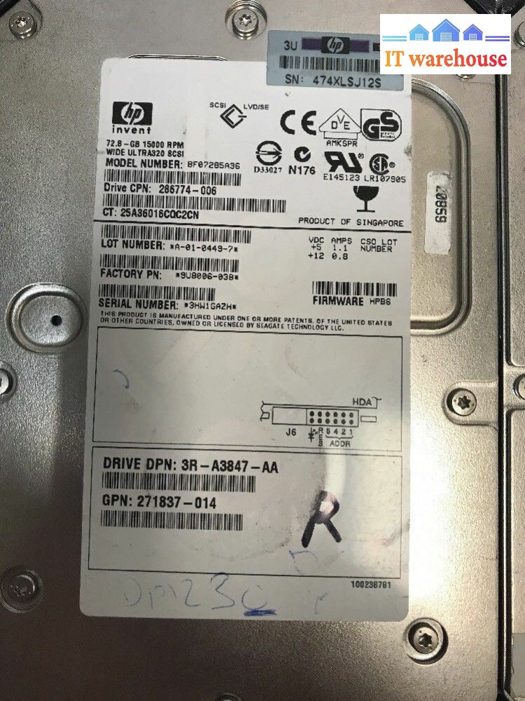 - Hp 72.8Gb 15000Rpm 3.5’ 80Pin Hard Drive Bf07285A36 286774-006 271837-014