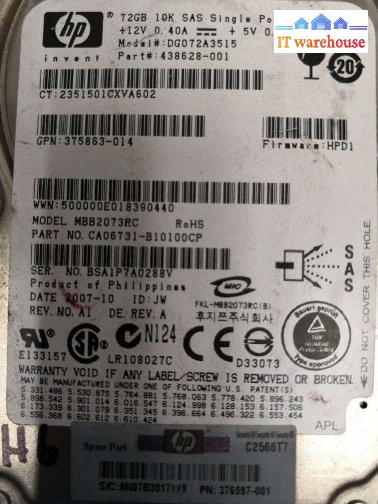 - Hp 72Gb 10K Sas Sff 2.5’ Hdd 376597-001 375863-014 Dg072A3515 438628-001 @@@