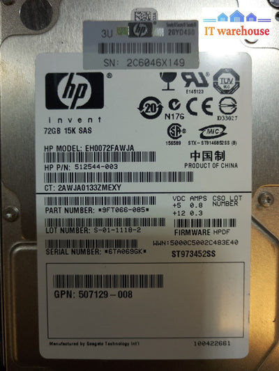 - Hp 72Gb 15K 6Gbp/S Sas 2.5’ Server Hdd Eh0072Fawja 512544-003 9Ft066 @@@