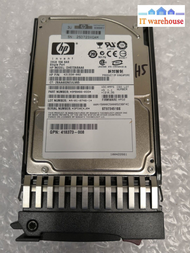 - Hp 72Gb 15K Rpm 2.5’ Sas Single Port Hdd W/Tray 431930-002 9Mb066 @@@