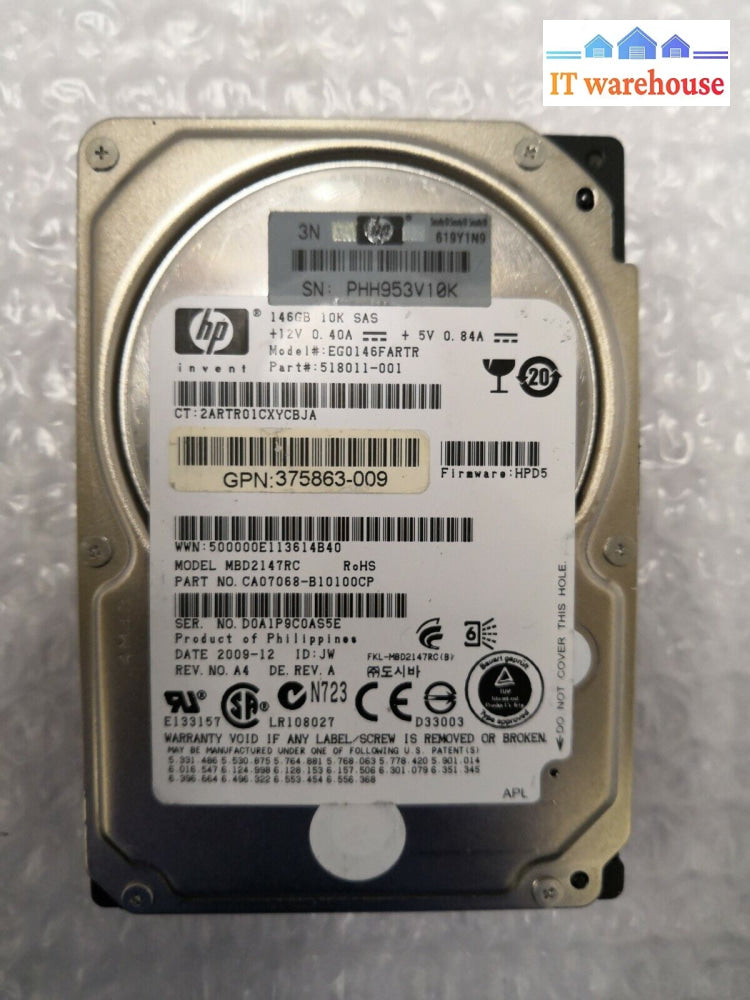 + Hp Eg0146Fartr 518011-001 2.5’ 146Gb Sas Hard Drive @@@