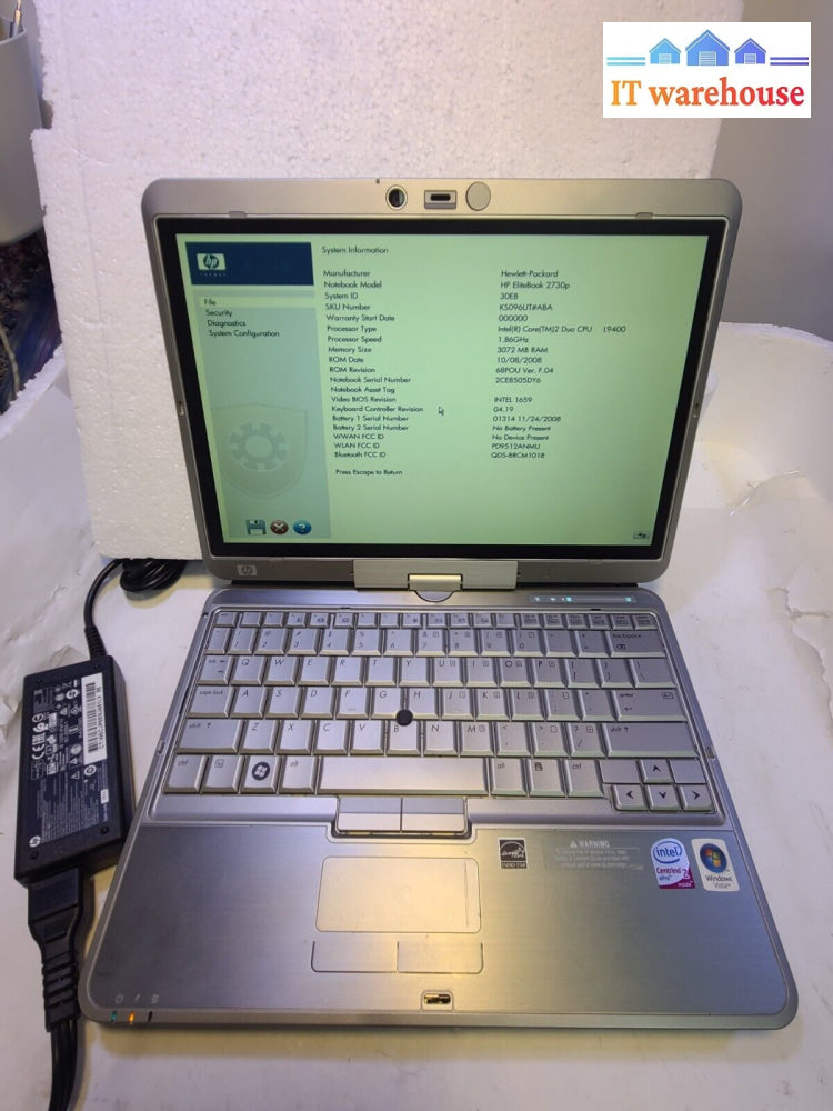 - Hp Elitebook 2730P 12.1’ Laptop Core 2 Duo L9400/3Gb Ram/ Base /Ac /*No Hdd*