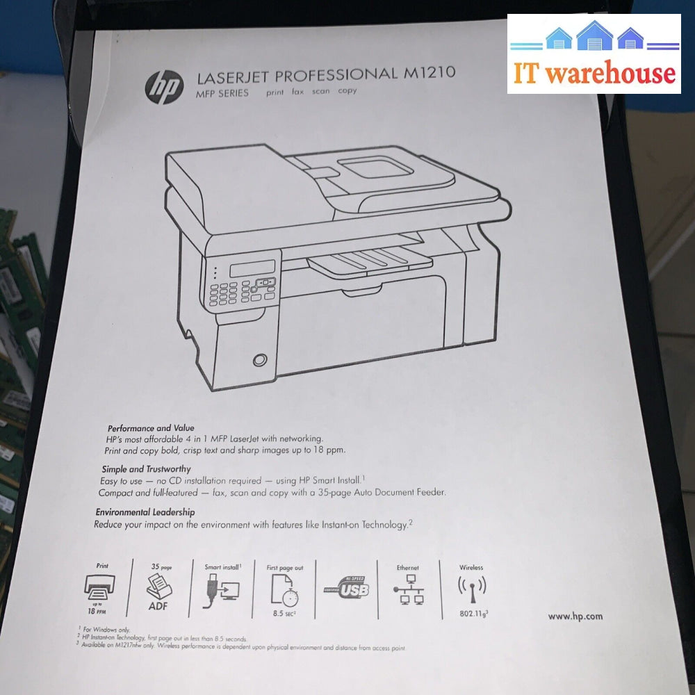 Hp Laserjet Pro M1217Nfw All-In-One Laser Printer Scanner Fax (No Toner)