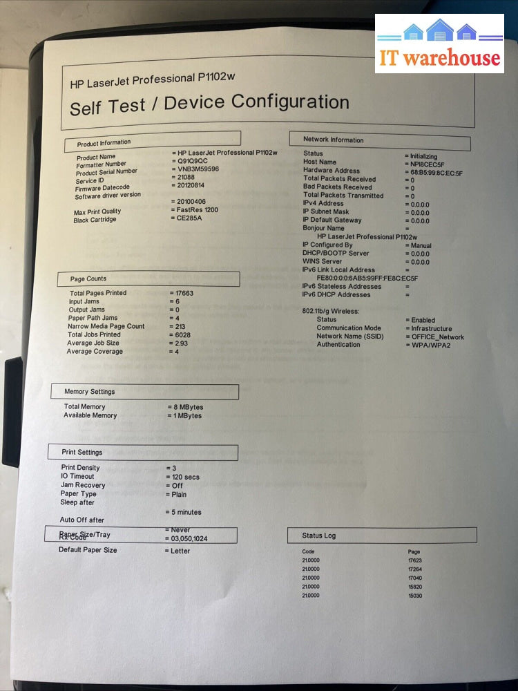 Hp Laserjet Pro P1102W Wi-Fi Monochrome Printer (Page Count 17.6K) No Toner ~