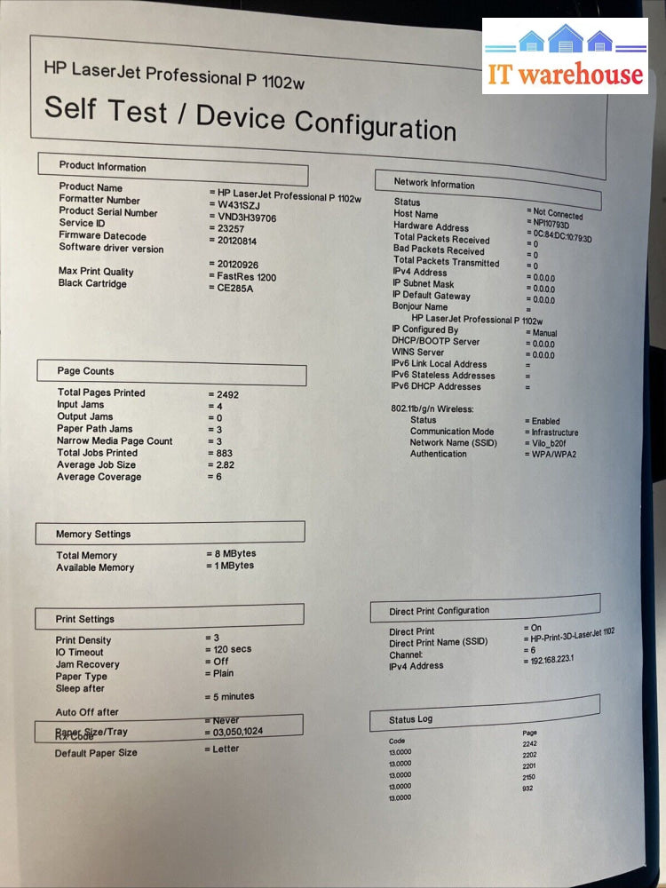 Hp Laserjet Pro P1102W Wireless Monochrome Printer (Page Count: 2492) No Toner ~