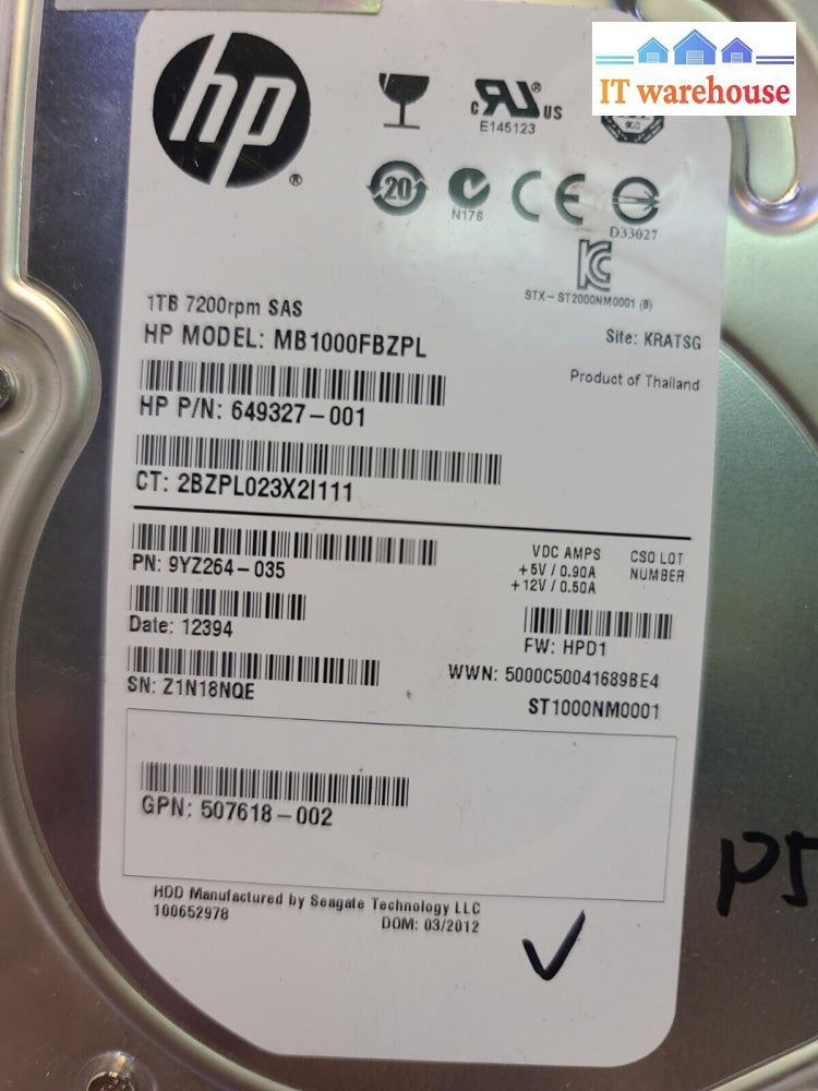 - Hp Mb1000Fbzpl 649327-001 1Tb 3.5’ Sas Hdd | 7200 Rpm 6.0 Gbps Tested