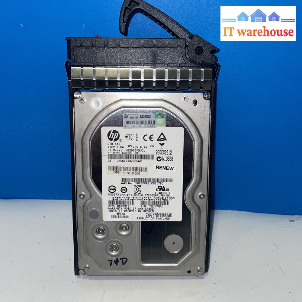 Hp Mb2000Fbucl 638521-001 2Tb 7.2K 3.5’ 6G Dp Sas Midline Hard Drive