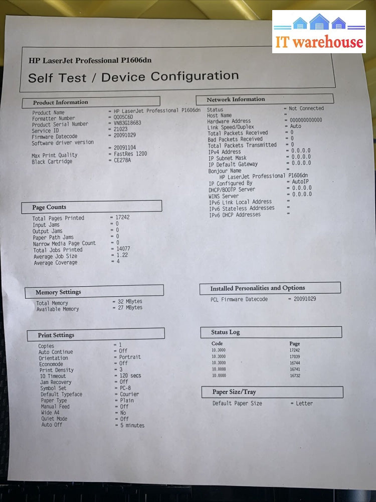 Hp P1606Dn Laserjet Printer Laser Black Network Duplex (No Toner) Page Count 17K