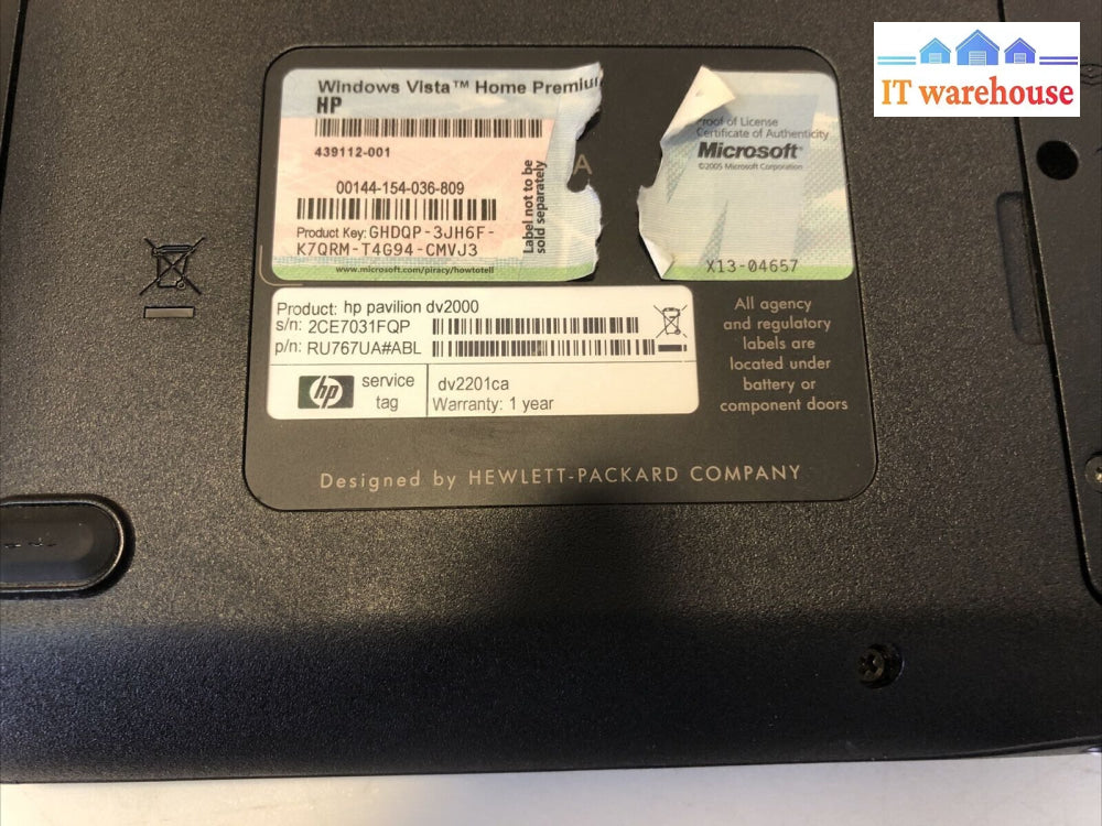 $ Hp Pavilion Dv2000 Laptop As-Is No Ram Hdd -Power On Display