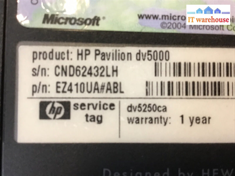 Hp Pavilion Dv5000 15.4’Laptop Intel T2400 1.83Ghz 1Gb Ram No Hdd For Parts Asis