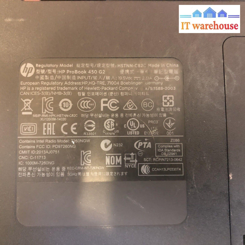 $ Hp Probook 450 G2 15.6’ /W Cpu No Ram Hdd Battery Wifi Card Caddy