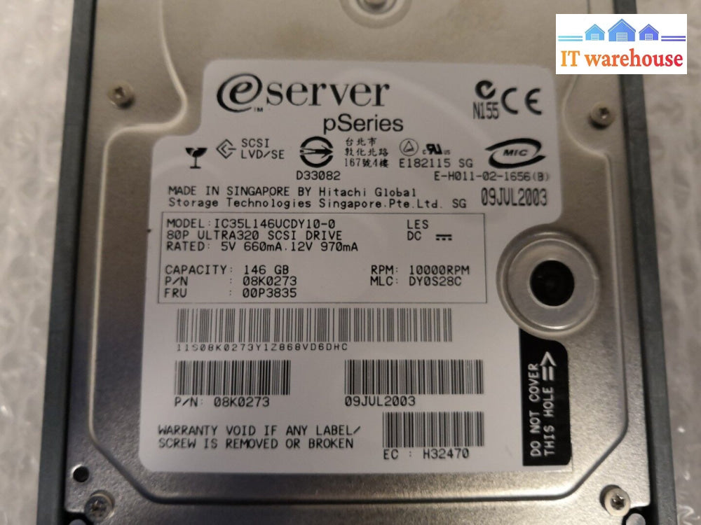 Ibm Eserver Pseries 146Gb 08K0273 00P3835 Ic35L146Ucdy10-0 Hdd W/ Tray 00P3834