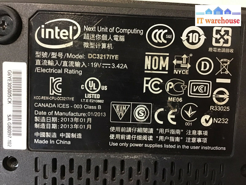 Intel Next Unit Of Computing I3-3217U 1.8Ghz 4Gb Ram 64Gb Ssd Win10