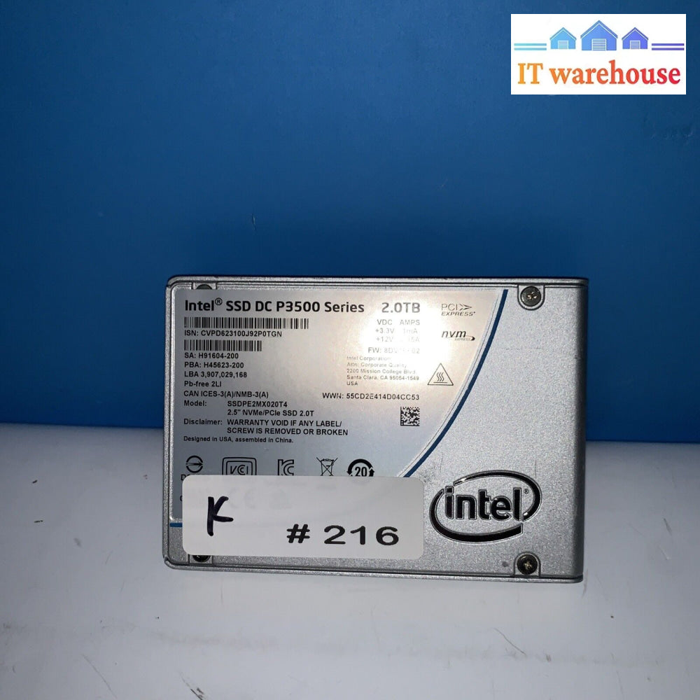 Intel Ssd Dc P3500 2Tb Pcie Nvme 2.5’ U.2 Ssdpe2Mx020T4 Hard Drive