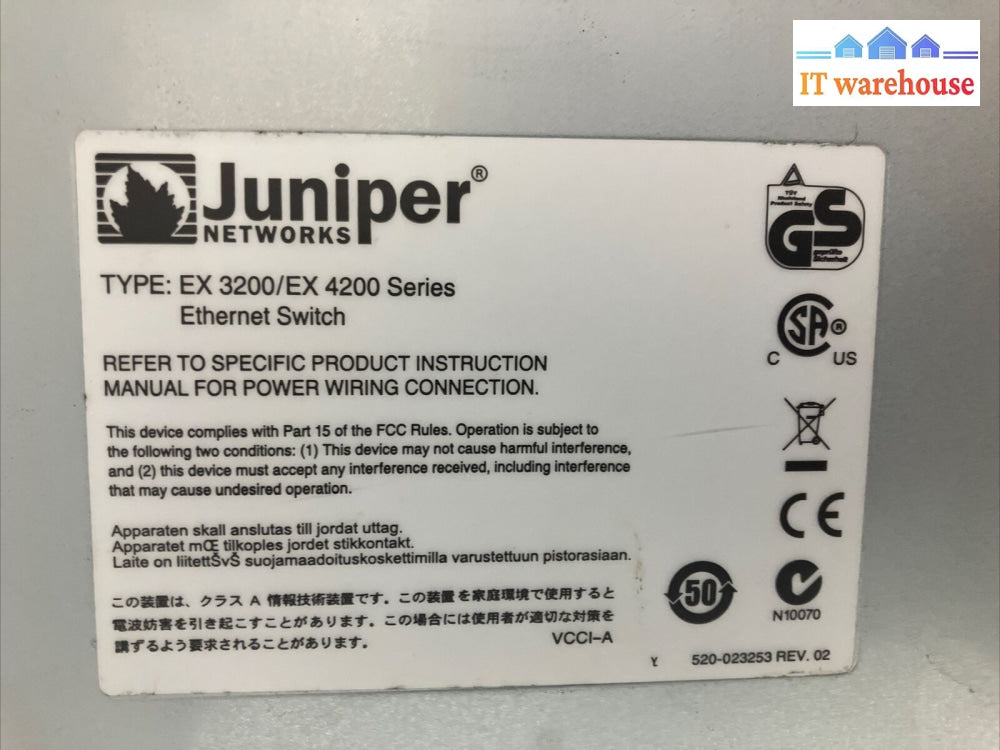 Juniper Ex3200 Series Ex3200-24T 24-Ports Gigabit Ethernet Switch 750-021261 ~