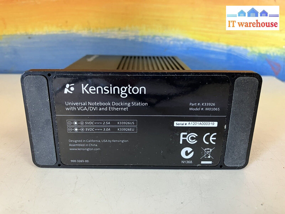 ~ Kensington Universal Docking Station Usb Dvi Ethernet M01065 W/ Ac &Usb Cable