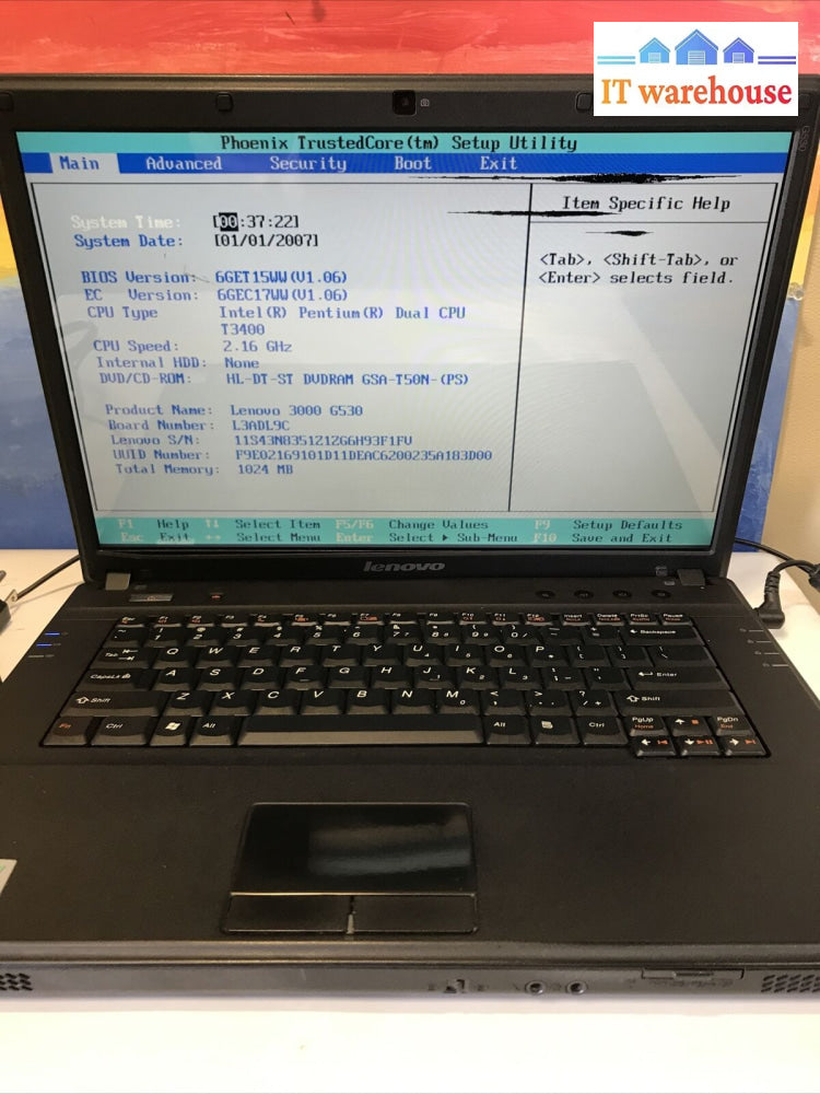 Lenovo 3000 G530 15.4’Laptop Intel T3400 2.16Ghz No Ram/Hdd For Parts (As Is)