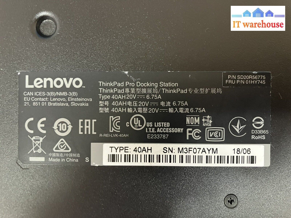 ~ Lenovo Thinkpad Pro Docking Station 40Ah 01Hy745 20V-6.75A (No Power Adapter)