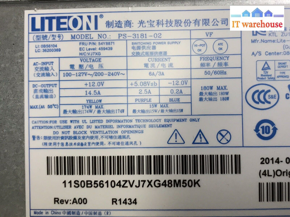 + Liteon Ps-3181-02 180W Sff Power Supply 54Y8871 For Ibm Thinkcentre M79 @@@