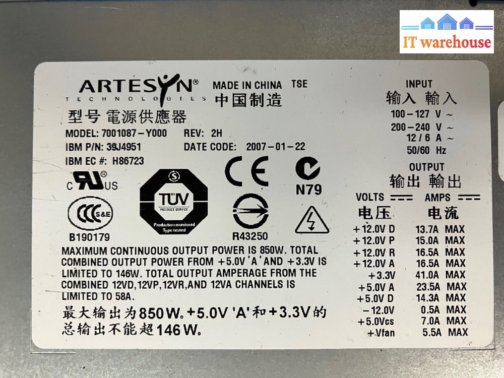 ~ (Lot 2X) Ibm 850W Hot-Swap Power Supply (Artesyn 7001087-Y000 Rev 2H) 39J4951