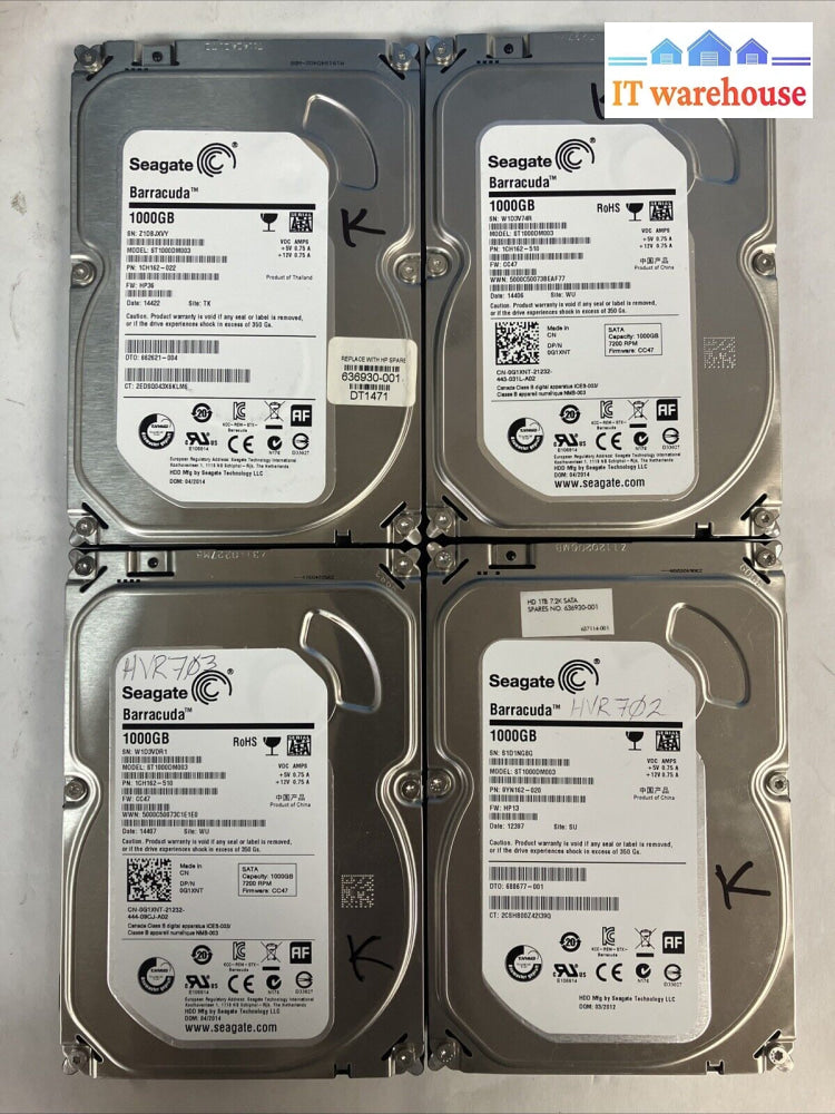 (Lot 4X) Seagate Barracuda St1000Dm003 Sata 1Tb 3.5’ Hdd (1000 Days Remaining) ~