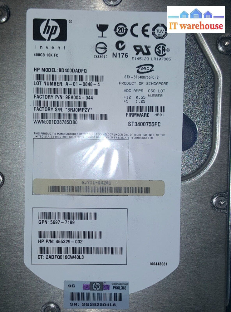 Lot Of 10 Hp 400Gb 10K Rpm Eva Fc Hard Drive 466277-001 (Qty Available) @@@