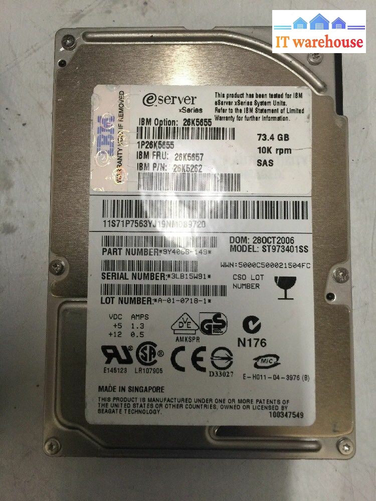 + Lot Of 2 26K5657 Ibm 73.4 Gb Sas 2.5’ 10K Hard Drive