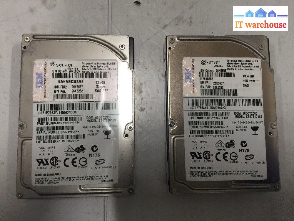 + Lot Of 2 26K5657 Ibm 73.4 Gb Sas 2.5’ 10K Hard Drive