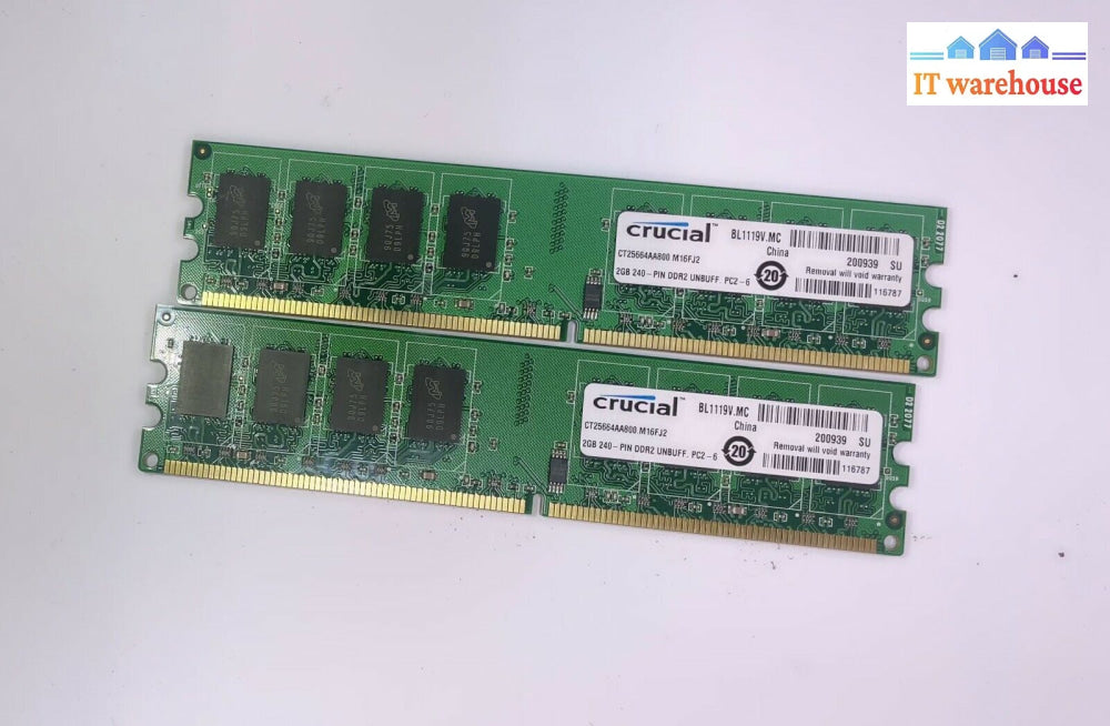 Lot Of 2 2Gb Crucial Ddr2 Desktop Ram Pc2-6400U 800Mhz Cl-6 Dimm Ct25664Aa800