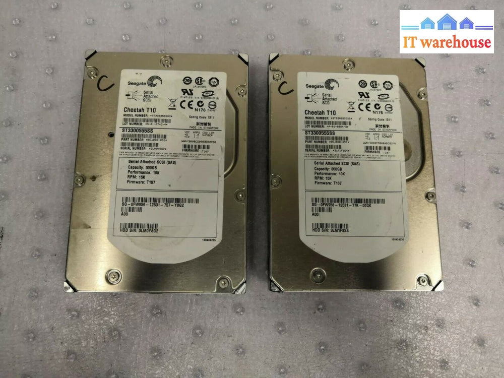 + Lot Of 2 Dell Fw956 Seagate Cheetah T10 300Gb 15K Rpm Sas 3.5’ Hdd St3300555Ss