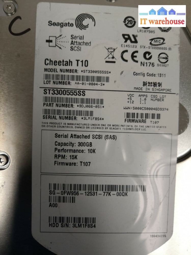 + Lot Of 2 Dell Fw956 Seagate Cheetah T10 300Gb 15K Rpm Sas 3.5’ Hdd St3300555Ss