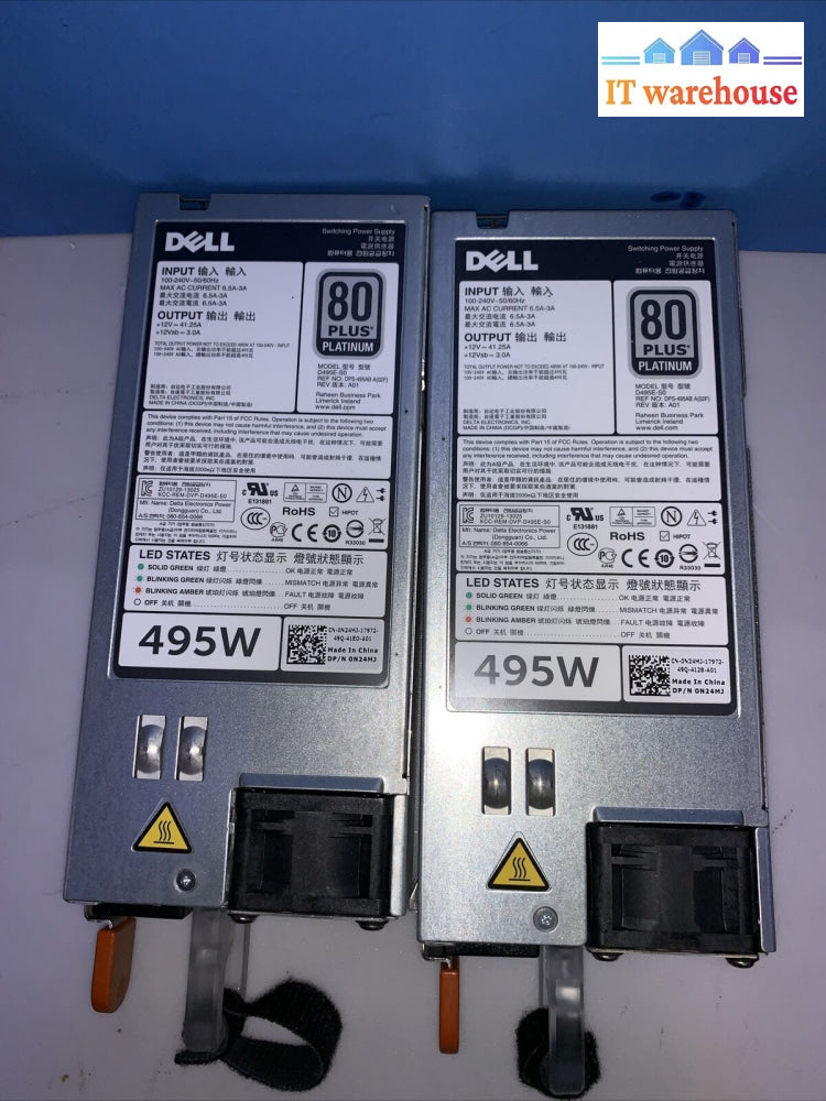 Lot Of 2 Dell N24Mj Poweredge R620 R720 80Plus 495W Power Supply Unit