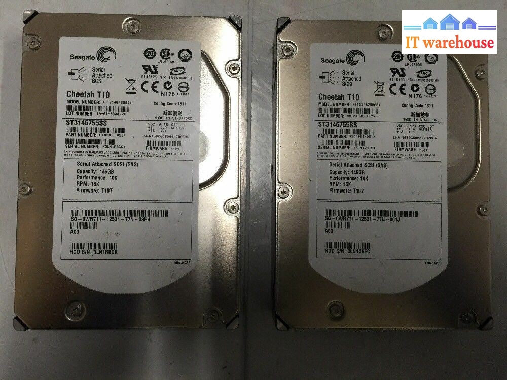 + Lot Of 2 Dell Seagate 146Gb 3Gb Sas 3.5’ Hard Drive - Wr711 St3146755Ss